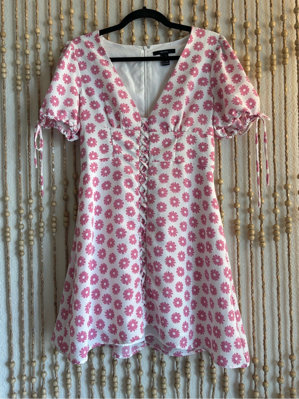 F21 White Pink Daisy Floral Corset Lace-Up Short Sleeve Feminine Y2K ALine Dress